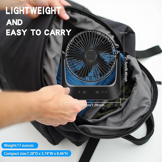 5000mAh Small Desk Fan 6-Inch, Portable Desktop Fan with Intelligent temperature control function,Small Battery Operated USB Fan with Light & Hook for Bedroom, Home, Office, Travel & Cruise