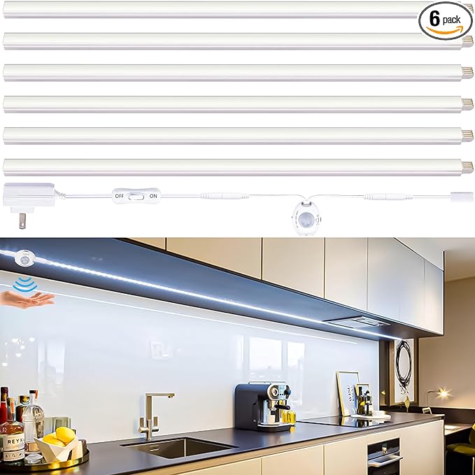 Motion Sensor Under Cabinet Lights, Plug in, Seamlessly Linkable, 6 Pcs 12 Inch Under Counter Lighting Bars for Kitchen, Closet, Gun Safe, Shelf, Display Case, LED 3000k Warm White