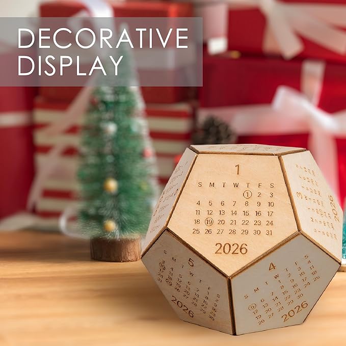 2026 Wooden Desk Calendar Cube – Dodecahedron Office Decor, Unique New Year Gift for Men Women, Gifts for Coworkers Employees Boss, Chinese New Year Gifts, Valentines Day Gifts For Him
