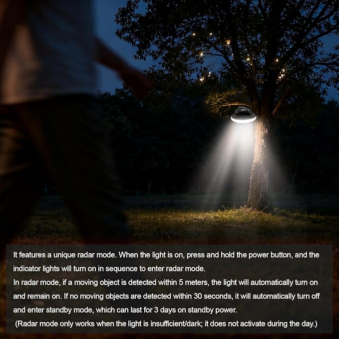 IODOO 10000mAh 4000LM Rechargeable Camping Light with Motion Sensor and Radar , Standby Time of 72 Hours Automatic Light Portable Camping Lantern 30W with Magnet , IPX5 Waterproof Tent Lights