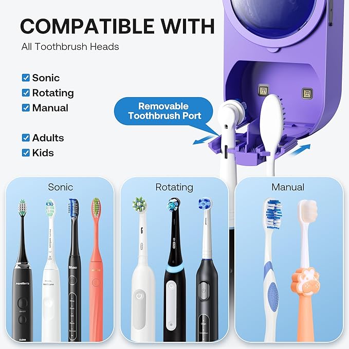 Bitvae Tooth Brush Holder for Bathroom, Infrared Sensing Toothbrush Cleaner, Wall-Mounted for Any Size Toothbrushes, Air Drying, LED Smart Screen, Purple