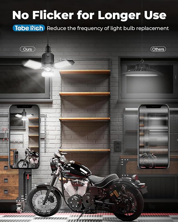 toberich Motion Sensor Garage Lights 2 Pack, 8000LM LED Shop Lights Motion Activated, 3 Switch Modes, 6500K Indoor Motion Sensor Light Bulb for Garage, Stairway, Laundry Room, Basement