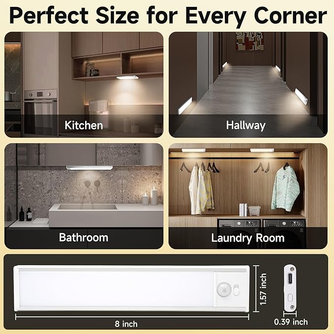 8 inch Under Cabinet Lighting, 1100mAh Rechargeable Motion Sensor Light with 3 Color Temps, Dimmable USB-C Closet Light, Magnetic LED Under Counter Lights for Kitchen, Closet, Pantry