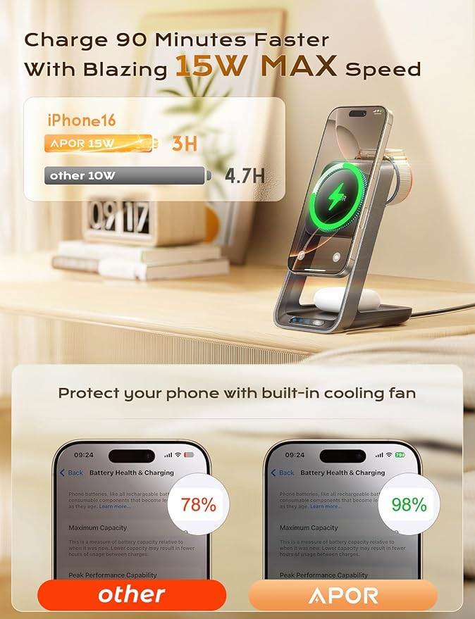 3 in 1 Charging Station for iPhone, Magsafe Wireless Charger with Cooling Fan for iPhone 16 15 14 13 12 Series & Apple Watch Charger 10/Ultra 2, Wireless Charging Station for AirPods 4/3/Pro/Pro 2
