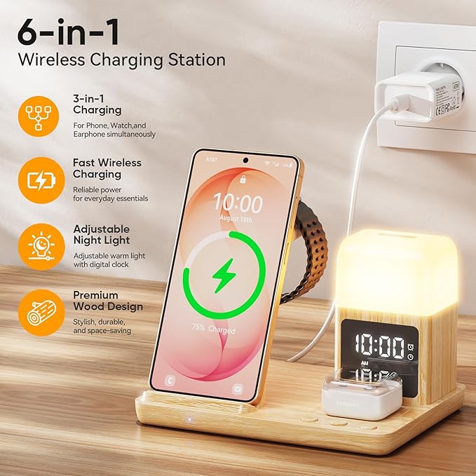 6 in 1 Wireless Charging Station for Samsung Android with Clock & Night Light，Alarm Clocks for Bedrooms,Wireless Charger Stand Beside Clock for Galaxy S26 S25 S24 Ultra Galaxy Watch Galaxy Buds