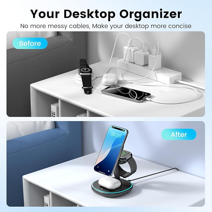 3-in-1 Charging Station, 2X Faster 15W Wireless Charging Station for iPhone 16/15/14/13/12, for Apple Watch, AirPods, Magnetic Wireless Charger with Sleep Friendly Light (Black)