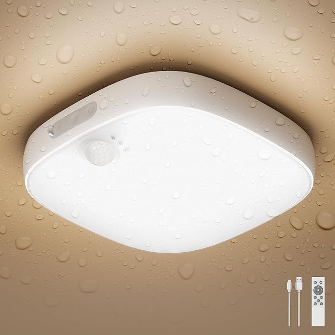 FULEN Shower Lights IP65 Waterproof, Motion Sensor Ceiling Light, Rechargeable Closet Light with 10000mAh Battery, LED Shower Lamp for Bathroom, Cordless Ceiling Lamp with RGB Colors, Remote Control