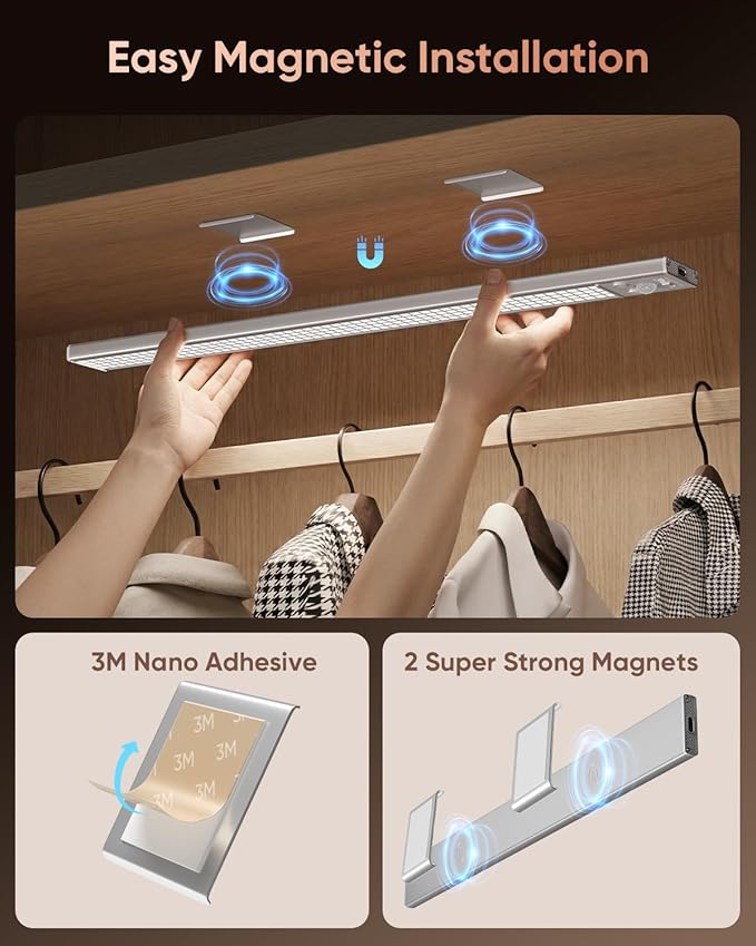 16inch Under Cabinet Lighting, 216LED Motion Sensor Light Indoor, Rechargeable Closet Lights, 3 Color Temps, Dimmable, Wireless Under Counter Lights for Kitchen, Stairs, Pantry, 2 Pack