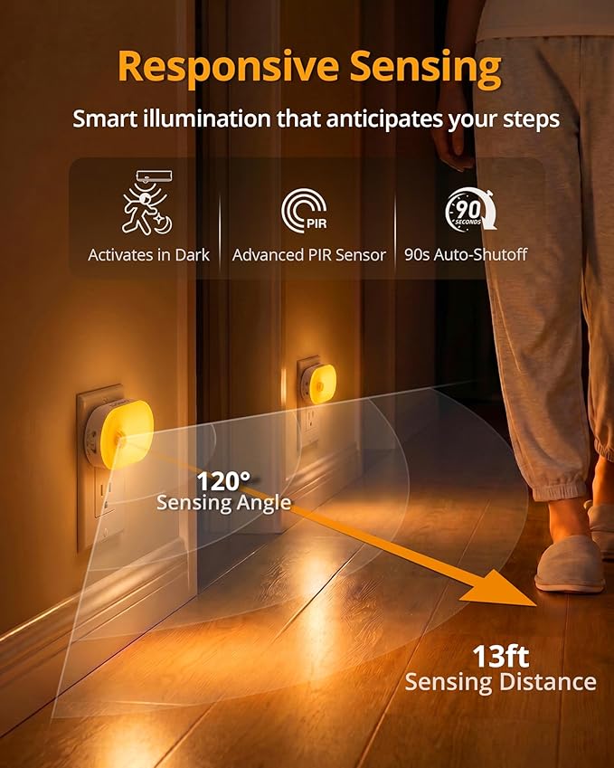 Lyridz 120LM Ultra Bright Plug-in Motion Sensor Night Light, Stepless Dimmable LED Nightlight, Always-On and Auto-Off, for Hallway, Stairs, Bathroom, Bedroom, Garage, Amber (2-Pack)