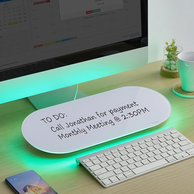 TSJ OFFICE Glass Desktop Whiteboard - 17 X 7 Inches Small Dry Erase Board with Green Light, Glass White Board Surface Notepad with 1 Drawer, Desk Organizers for Office, Home, School Supplies