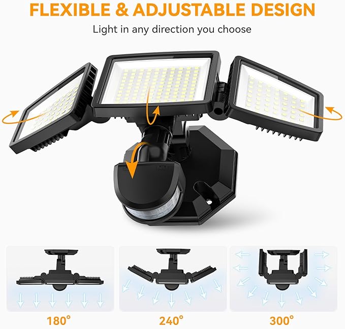 LED Security Lights Motion Sensor Light Outdoor, 7000LM, 6500K, Waterproof, Flood Light Outdoor Motion Detector with Adjustable 3 Head, Hardwired Wall Light for Entryway, Yard, Garage