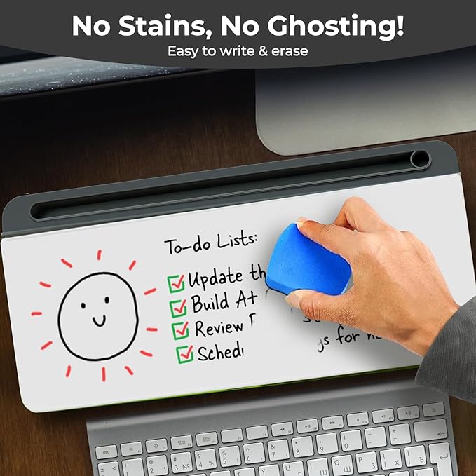 Chalkola Grey Glass Desktop Whiteboard with Storage - Dry Erase Board, Work Desk Organizers, Computer Keyboard Stand, Home Office Desk Accessories, Workspace Desktop Buddy