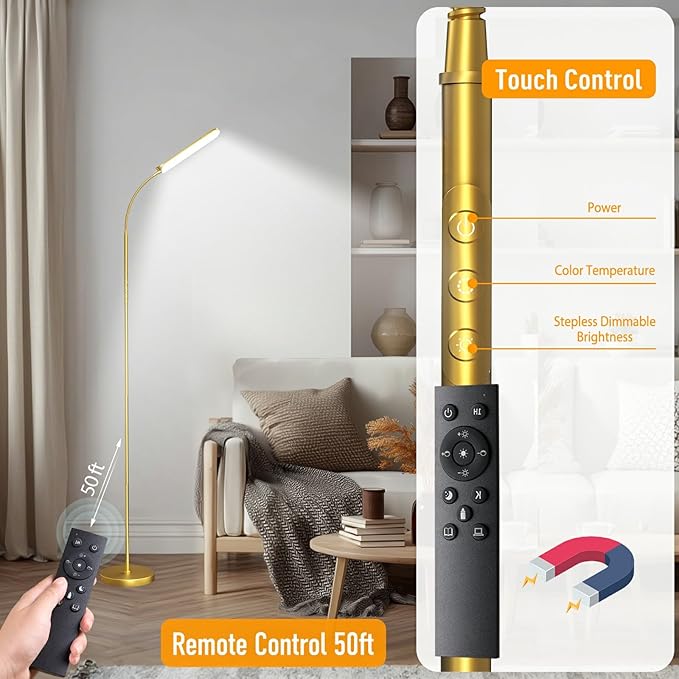 marctronic Gold Floor Lamp, 18W 1800LM Bright LED Floor Lamps for Living Room Bedroom, Dimmable Timing Eye Caring Reading Standing Lamp with Remote & Works with Smart Plug