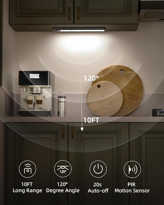 EZVALO 6-Pack Under Cabinet Lighting, 1600mAh Motion Sensor Light, Black LED Closet Lights Wireless, 6500K Dimmable, Timer, Magnetic, with Remote Control for Kitchen, Closet, Stair