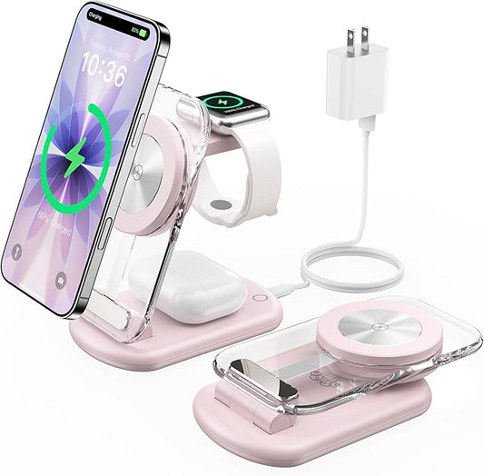 3 in 1 Magnetic Wireless Charging Station for Apple Devices, Fast Foldable Travel Mag-Safe Charger Stand with Night Light for iPhone 17 16 15 14 13 12 Series, Apple Watch/AirPods Pro, PK