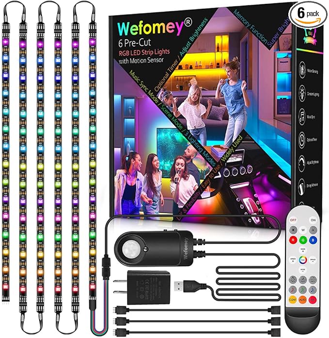 RGB Under Cabinet Lights with Motion Sensor, 6 Pre-Cut LED Strip Lights with Remote Control, Music Sync Color Changing Closet Lights, for Kitchen, Counter, Shelf, TV Backlight, Bookcase, 9.8ft