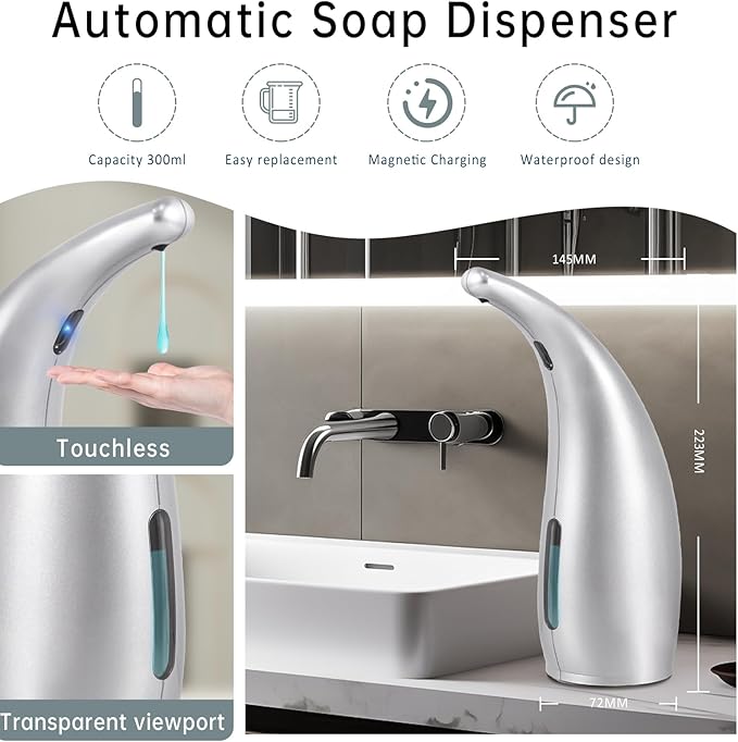 Automatic Soap Dispenser Touchless,300ML Hand & Dish Countertop Electric Liquid Rechargeable Dispenser with Sensor,Modern 4 Gear Adjustable Waterproof Kitchen Auto Soap Pump（Gray）