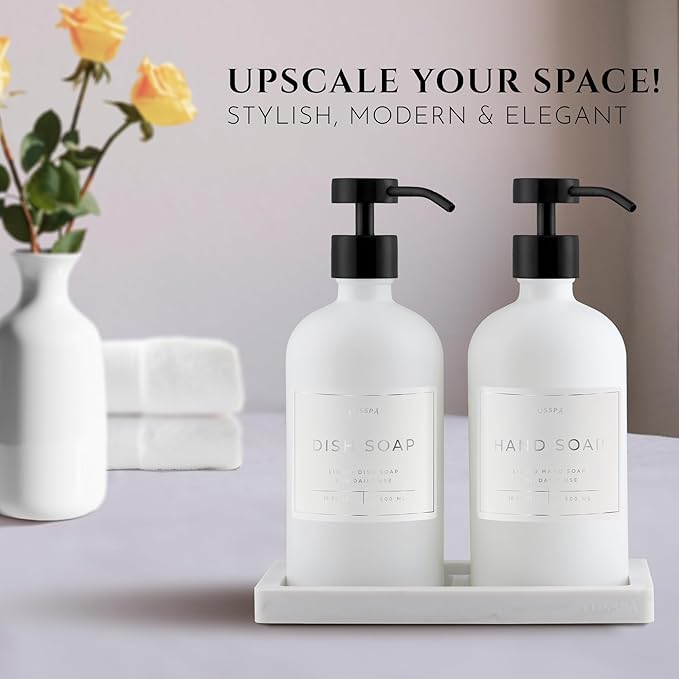 Glass Soap Dispenser Set of 2 (White) with Silicone Tray | Hand and Dish Soap Dispenser for Kitchen and Bathroom | 16.8 Oz Glass Bottles with Stainless Steel Pump & 15 Waterproof Labels (White/Black)