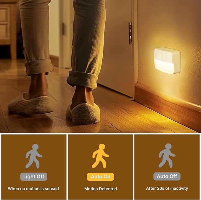 Guankai 3 Pack Motion Sensor Stair Light for Indoor, Battery Operated Closet Lights, Wireless Stick on Anywhere Hallway Lamp, Portable Led Night Lamps for Bedroom Under Cabinet Kitchen