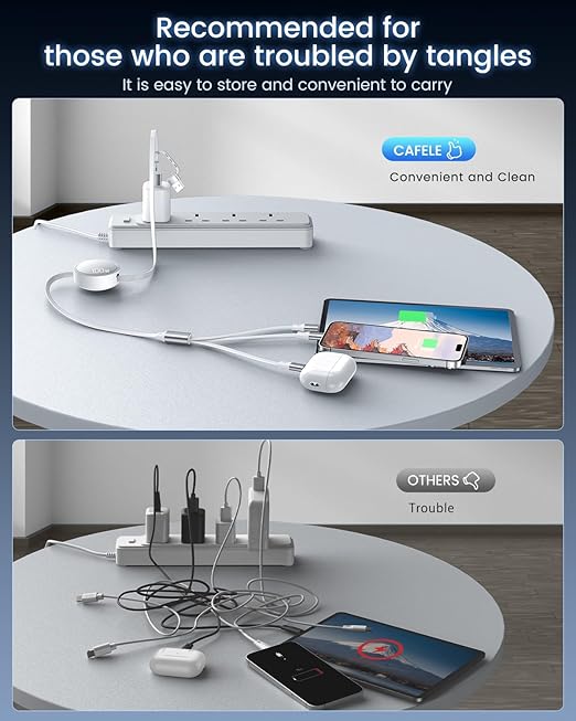 CAFELE Retractable Charging Cable, 100W USB C Fast Charger Cable 3 in 1 with [30-130cm] Adjustable Length, Multi-Port Cord for Laptop, Phone, Car, Travel - PD3.1/QC5.0（White）