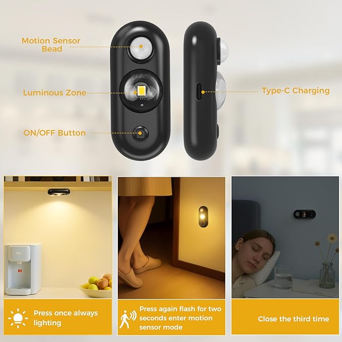 LED Motion Sensor Puck Lights, Small Rechargeable Under Cabinet Light, Dimmable Warm White Closet Lights, Wireless Under Cabinet Lighting for Drawer, Kitchen (4 Pack)