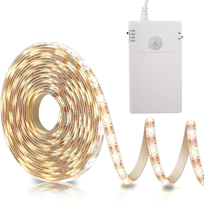 echosari Battery Operated Motion Sensor Cabinet Strip Lights, 9.8Ft 90 LED Under Cabinet Lights, Motion & Night Sensor Safe Tape Light for Stairs Wardrobe Kitchen (Warm White)