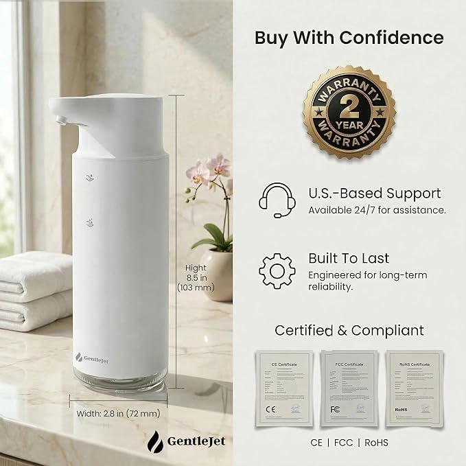 GentleJet CrystalJet Automatic Liquid Soap Dispenser Touchless Sensor, Stainless Steel, USB-C Rechargeable, Waterproof Kitchen & Bathroom Countertop Soap Dispenser, 300 ml