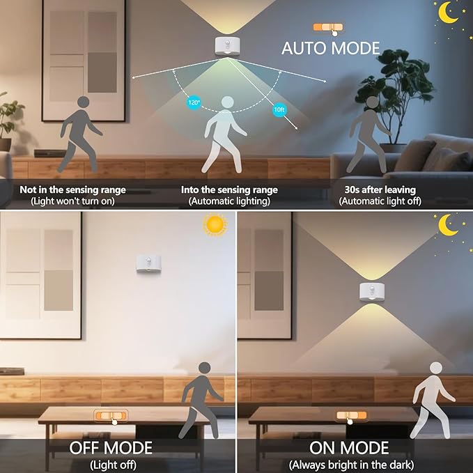 Deyagoo Motion Sensor Wall Light Indoor, Battery Operated Sconce 360°Rotate, Rechargeable Cordless Night Light, Touch Dimmable 3 Brightness, UP Down LED Wall Lamp for Stairs, Closet, Bedroom, Bathroom