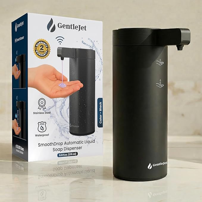 GentleJet SmoothDrop Automatic Liquid Soap Dispenser Touchless, No-Drip Precision Pump, USB-C Rechargeable, 304 Stainless Steel, Waterproof Countertop Dispenser for Kitchen & Bathroom Sink, 270 ml