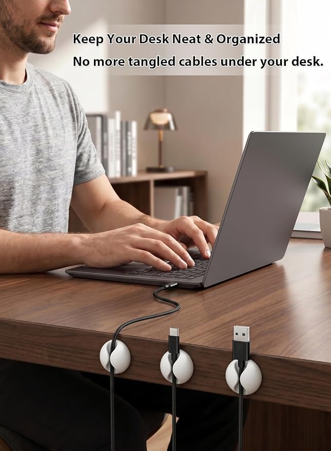 Shintop Cable Clips, 6 Pack White Cord Holder Cable Management Wire Organizer for Organizing Desk Nightstand Car Phone Charger