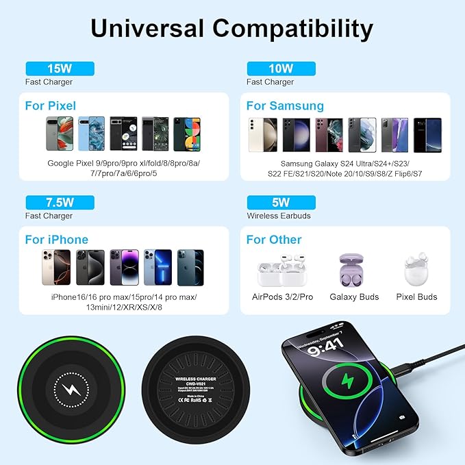 15W Wireless Charger Fast Charging Pad, Android Wireless Charging Station for Samsung Galaxy S26 Ultra S26 S25 Ultra S24 FE S23, razr/Razr+ 2025/Edge 2025/Moto G Stylus 2025, Google Pixel 10 Pro XL/9a