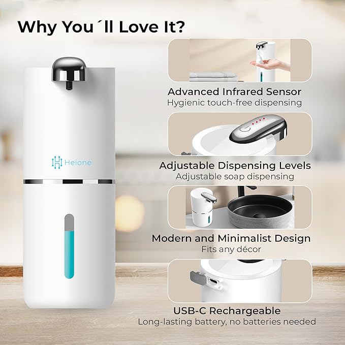 Foaming Hand Soap Dispenser - Automatic Touchless Foam Soap Pump for Bathroom & Restroom, USB-C Rechargeable, IPX5 Waterproof, Wall Mount or Countertop, 12.8oz (White)