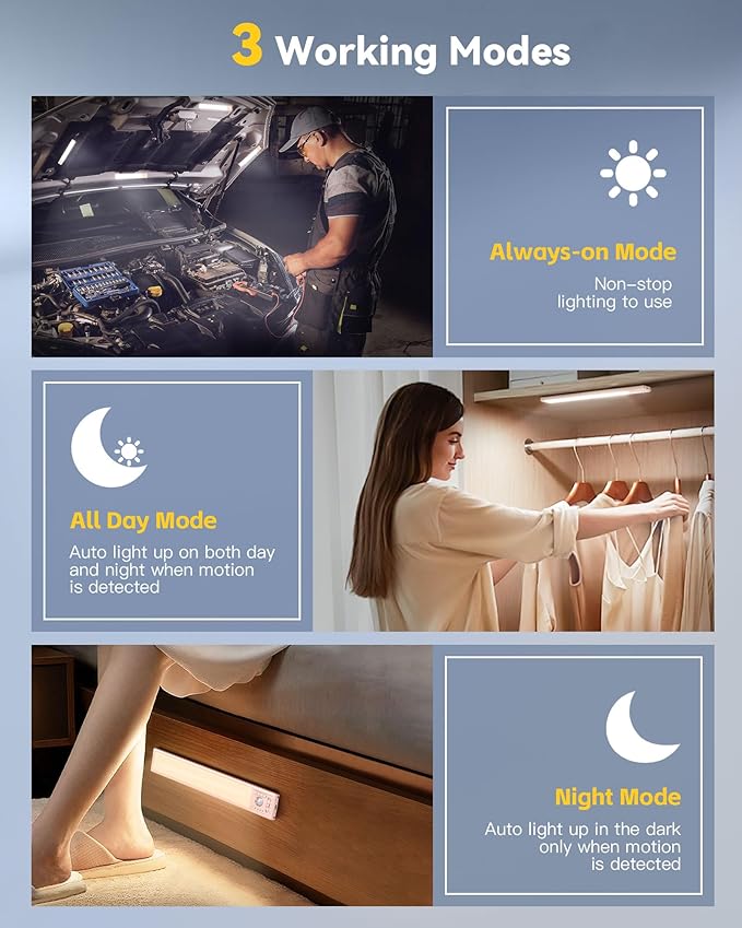 OTWKAY 10.5inch Under Cabinet Lighting with 3 Color Temps, 2 Pack Rechargeable Motion Sensor Lights Indoor, Dimmable Under Counter Lights for Kitchen, Closet