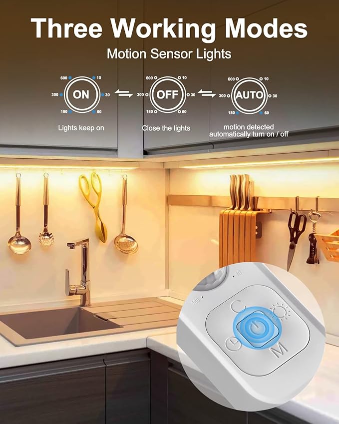 Motion Sensor Led Light Strip - Under Cabinet Lighting with Power Adapter, 6 Adjustable Brightness and Timing, Light Strips for Kitchen Cabinets, Stair, Showcase, Bedroom, 9.84ft 3000K WarmWhite