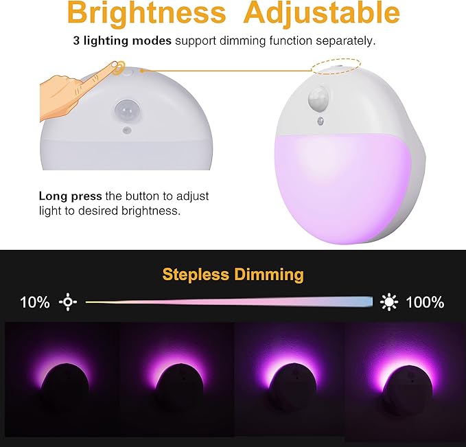YUNLEX 2 Pack Purple Battery Night Light, Motion Activated Night Light, 2.6" Small Sticky Lights, 3 Light Modes, Dimmable Calming Glow for Meditation, Relaxation, Bathroom, Bedroom, Travel, Violet