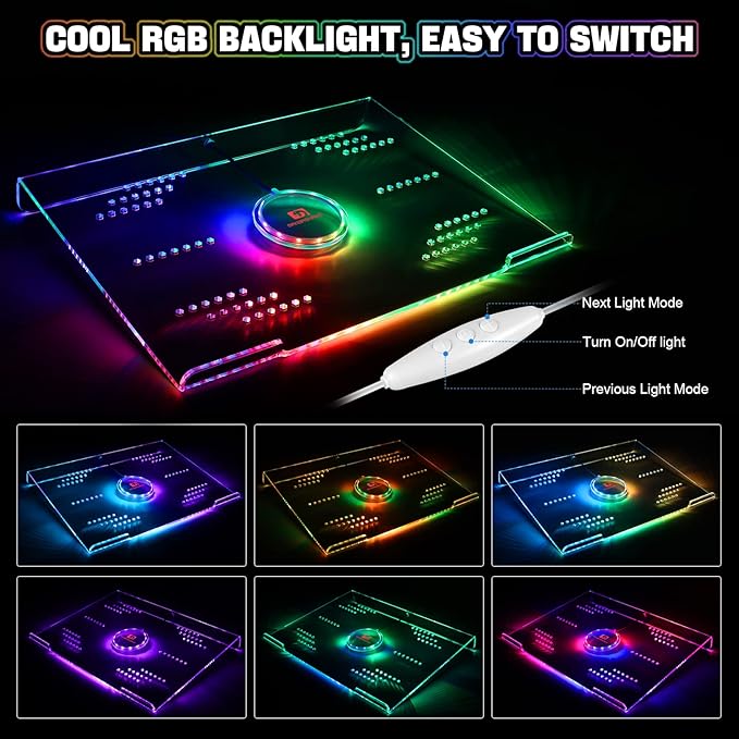 Acrylic Laptop Stand Clear Tablet Holder with 366 Kinds of RGB Backlight,Multiple Heat Dissipation Vents Ergonomic Tilted Mount Riser for PC,Notebook,MacBook,Phone from 10 to 17.3 Inch Work/Home