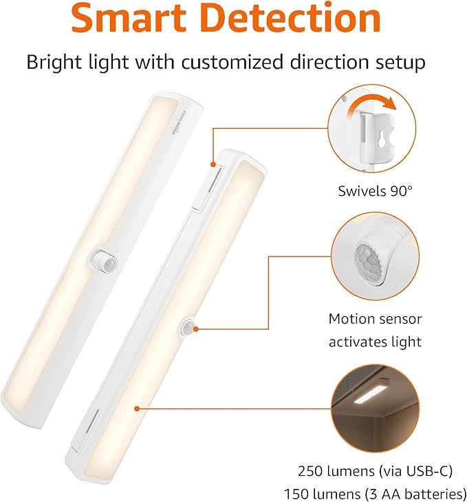 Amazon Basics LED Motion Sensor Light Bar, USB/Battery Operated, 250 Lumens, 12 Inches, Swivel, Under Cabinet Lighting for Closet, Kitchen, 2-Pack, White