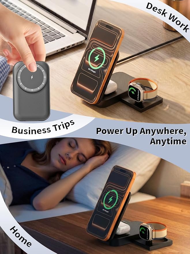 3 in 1 Wireless Charger Stand, 25W Foldable Wireless Charging Station for Apple Multiple Devices Fast Magnetic Charger with 6FT USB C Cable for iPhone 17 16 15 14 13 12 Series/Apple Watch/AirPods Pro