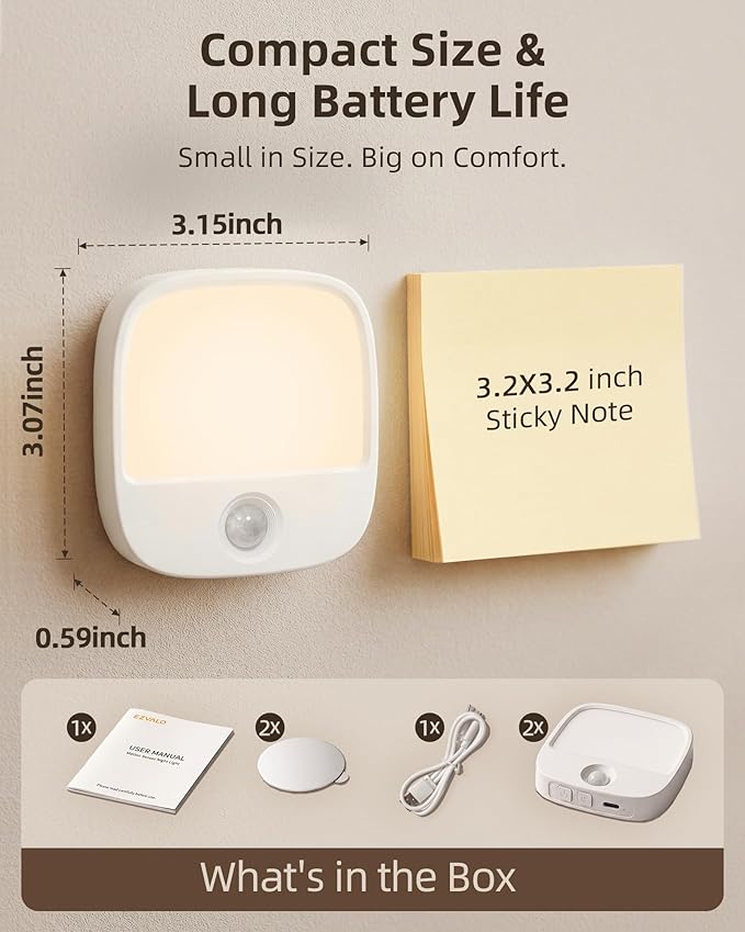 EZVALO Rechargeable Motion Sensor Night Lights, 2 Pack Magnetic Stick-On LED Lights with 3 Color Temperatures, Adjustable & Memory, Cordless Night Light for Closet, Bedroom, Hallway, Stairs, Bathroom