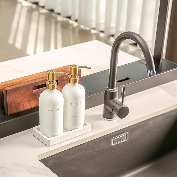 Prus Waso Gold Soap Dispenser Set, Glass Soap Dispenser with Stainless Steel Pump, Perfect for Modern Kitchen Counter Decor. (Gold)