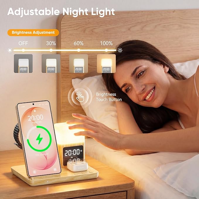 6 in 1 Wireless Charging Station for Samsung Android with Clock & Night Light，Alarm Clocks for Bedrooms,Wireless Charger Stand Beside Clock for Galaxy S26 S25 S24 Ultra Galaxy Watch Galaxy Buds