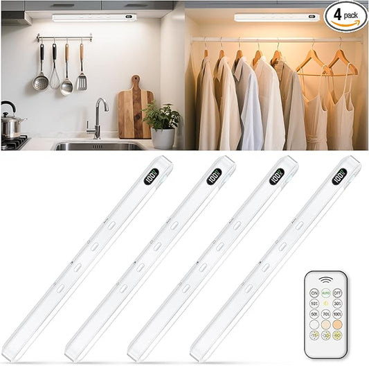 WILLED Under Cabinet & Closet Lights with Remote, Motion Sensor, Rechargeable, Magnetic, 3 Color Temps, Dimmable LED Light Bar for Indoor Kitchen Counter (4 Pack, White)
