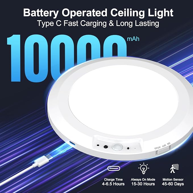 Yunaking Rechargeable Ceiling Light with Motion Sensor: Battery Operated LED Closet Light with Remote & Timing - Wireless Dimmable Magnetic Mount Shower Lamp for Bathroom/Stairs/Garage/Hallway