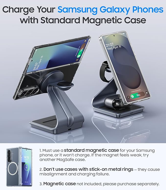 Meifigno Magnetic Wireless Charger for Samsung, 3 in 1 MagSafe Charging Station Aluminum Charger Stand for Galaxy S26/S25/Z Fold7/Z Flip7, Watch Charger Stand for Galaxy Watch Ultra 8 7, for Buds