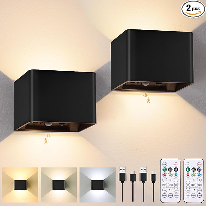 Rechargeable Motion Sensor Wall Light with Remote, 6000mAh Magnetic Battery Operated Wall Sconces, 3 Color Temperatures & Dimmable, Black LED Up Down Wireless Wall Lamp for Bedroom Living Room, 2-Pack