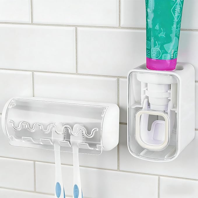 5 Slots Wall Mount Toothbrush Holder with Cover, Self Adhesive Toothbrush Storage Organizer for Shower, Toothbrush Hanger with Automatic Toothpaste Squeezer Dispenser (White)