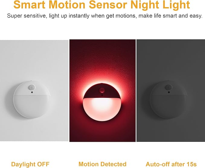 YUNLEX 2 Pack Red Night Light, Battery Operated Night Light, 2.6" Small Sticky Lights, Dimmable Motion Sensor Light, 3 Light Modes, Portable LED nightlight for Baby, Kids, Sleep, Bedroom, Bathroom