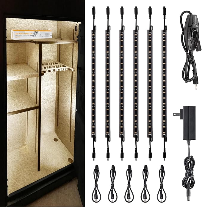 TORCHSTAR LED Safe Lighting Kit, (6) 12 Inch Linkable Light Bars + Rocker Switch + UL Power Adapter, 900LM, Input 100-240V, for Under Cabinet Gun Safe Locker Closet Showcase, 3000K Warm White
