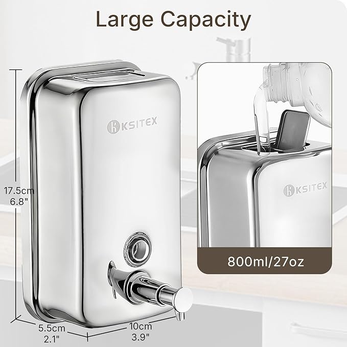 Stainless Steel Soap Dispenser Wall Mounted, 27oz Commercial Hand Soap Dsipenser, Manual Anti-Leak Pump Liquid Soap Dispenser, Rust-Proof Lining Hand Sanitizer Lotion Dispenser for Bathroom (27 OZ)