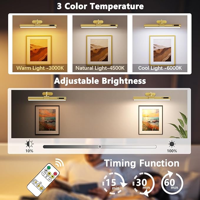 Hapfish Picture Lights for Wall Battery Operated, Wireless Art Light for Paintings, Rechargeable Wall Sconce for Picture with Remote Control, Dimmable Wall Lighting for Gallery Dartboard Mirror - Gold